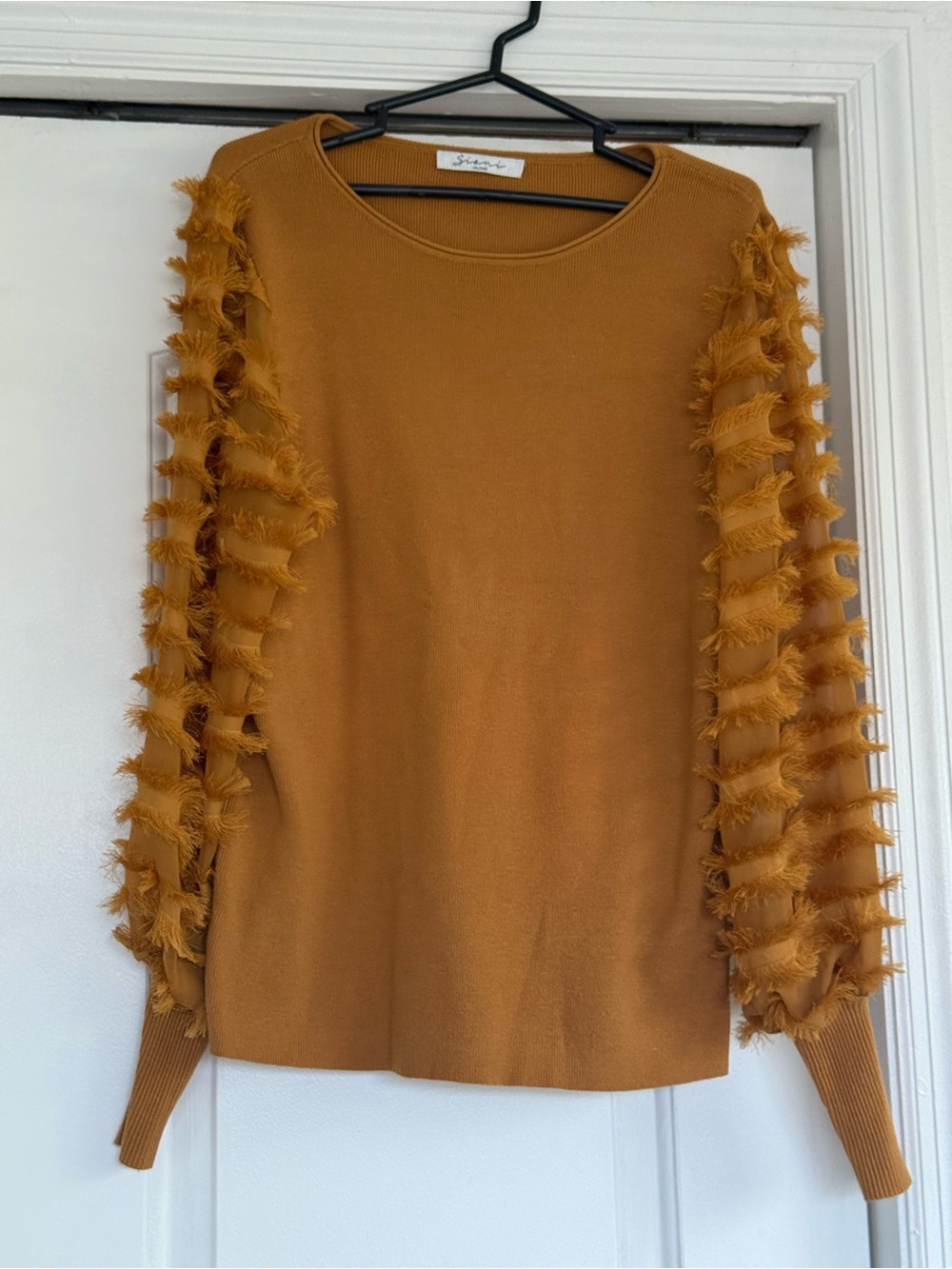 Sioni Mustard Fringe-Trim Knit Sweater
